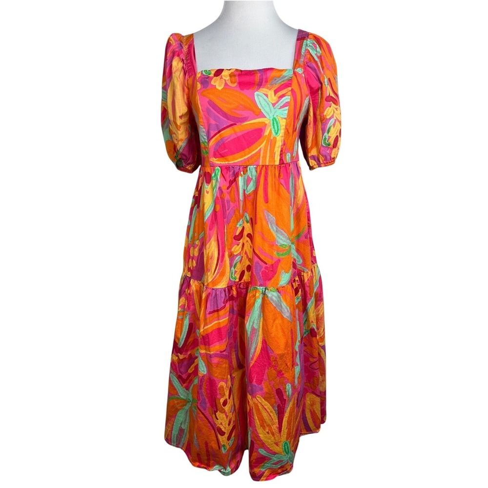 Crystal Sky Tropical Floral Puff Sleeve Tiered Midi Dress Orange Pink Large